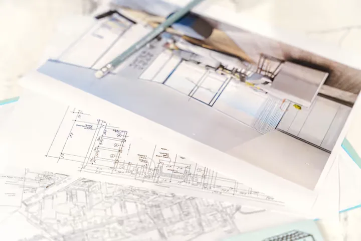 Architectural drawings and model used for residential design planning.
